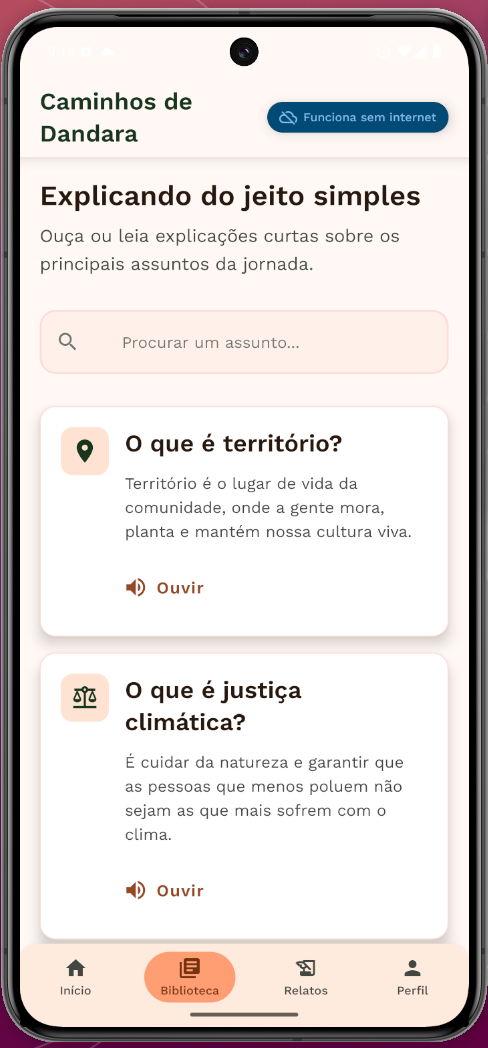Biblioteca do aplicativo, com explicações em texto e áudio sobre território e justiça climática.
