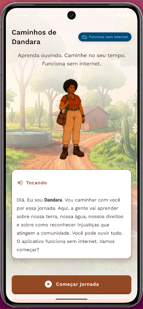 Tela inicial do Caminhos de Dandara, com áudio da guia e aviso de que o aplicativo funciona sem internet.