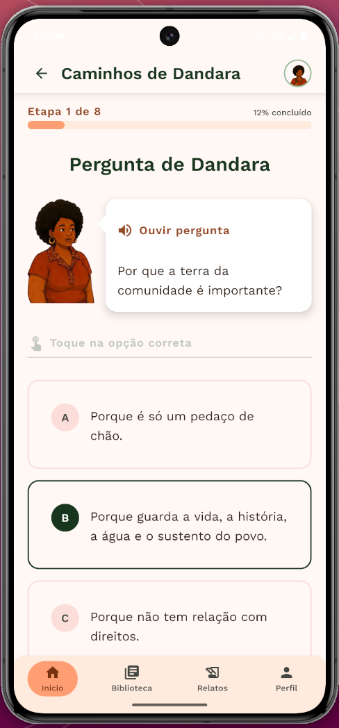 Pergunta da jornada sobre a importância da terra da comunidade, com opção de ouvir o áudio.