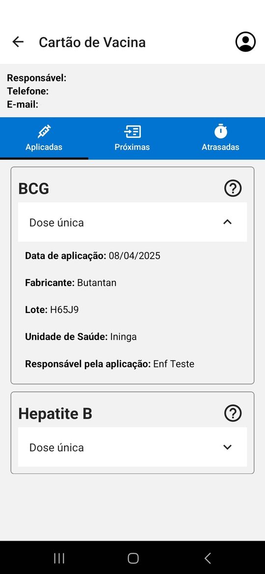 Cartão de vacina do VacinAção na aba Aplicadas, com o detalhe de uma dose já registrada.