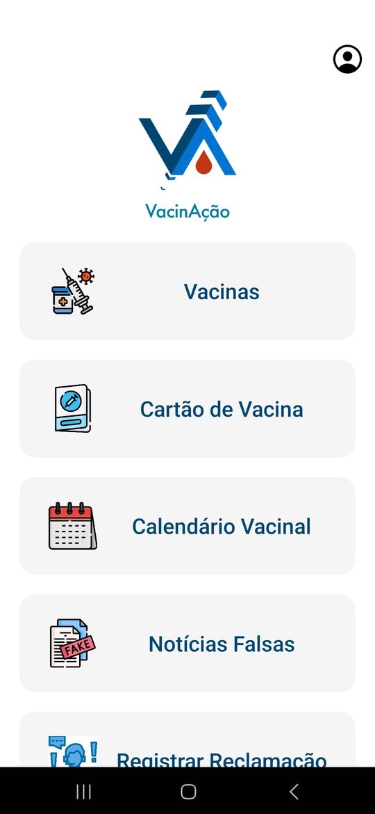Tela inicial do VacinAção, com acesso a vacinas, cartão de vacina, calendário vacinal e notícias falsas.