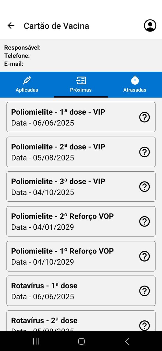 Cartão de vacina do VacinAção na aba Próximas, com doses e datas previstas.